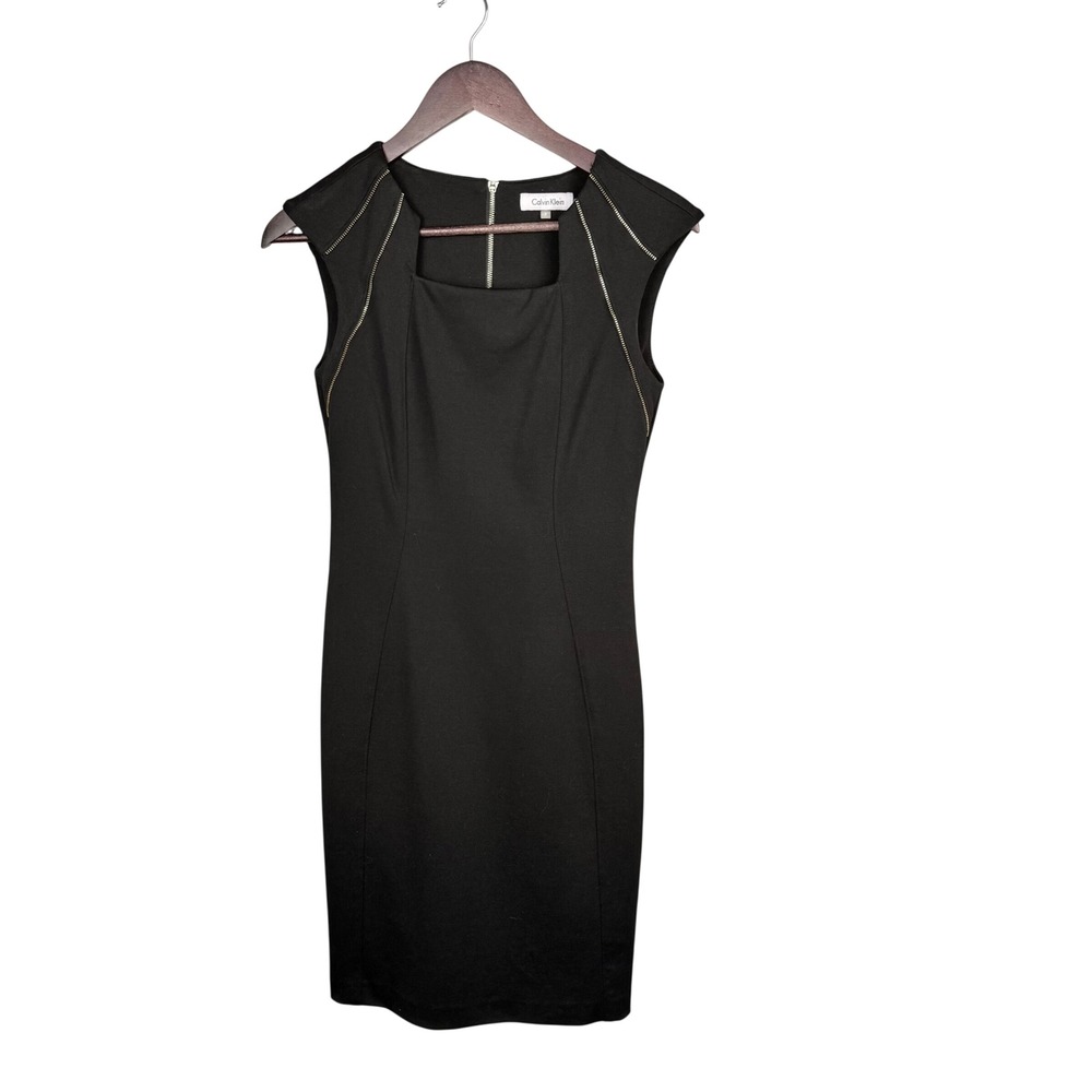 Calvin Klein Sheath Dress Womens 2 Little Black Dress Gold Zipper Accent